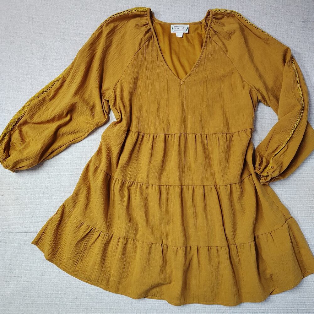 Loveriche Womens L Mustard Tiered Dress Boho Prairie Crochet Balloon Sleeve